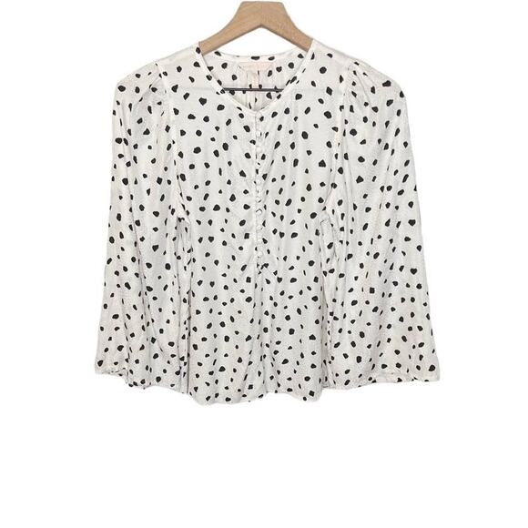 REBECCA TAYLOR 6 Spotted Animal Print Silk Top Button Placket Bell Sleeve White - Picture 1 of 14